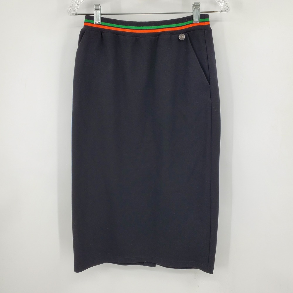 mi-tu‎ Black Striped Waistband Pencil Skirt Size 40 Career Ponte Midi Pocket